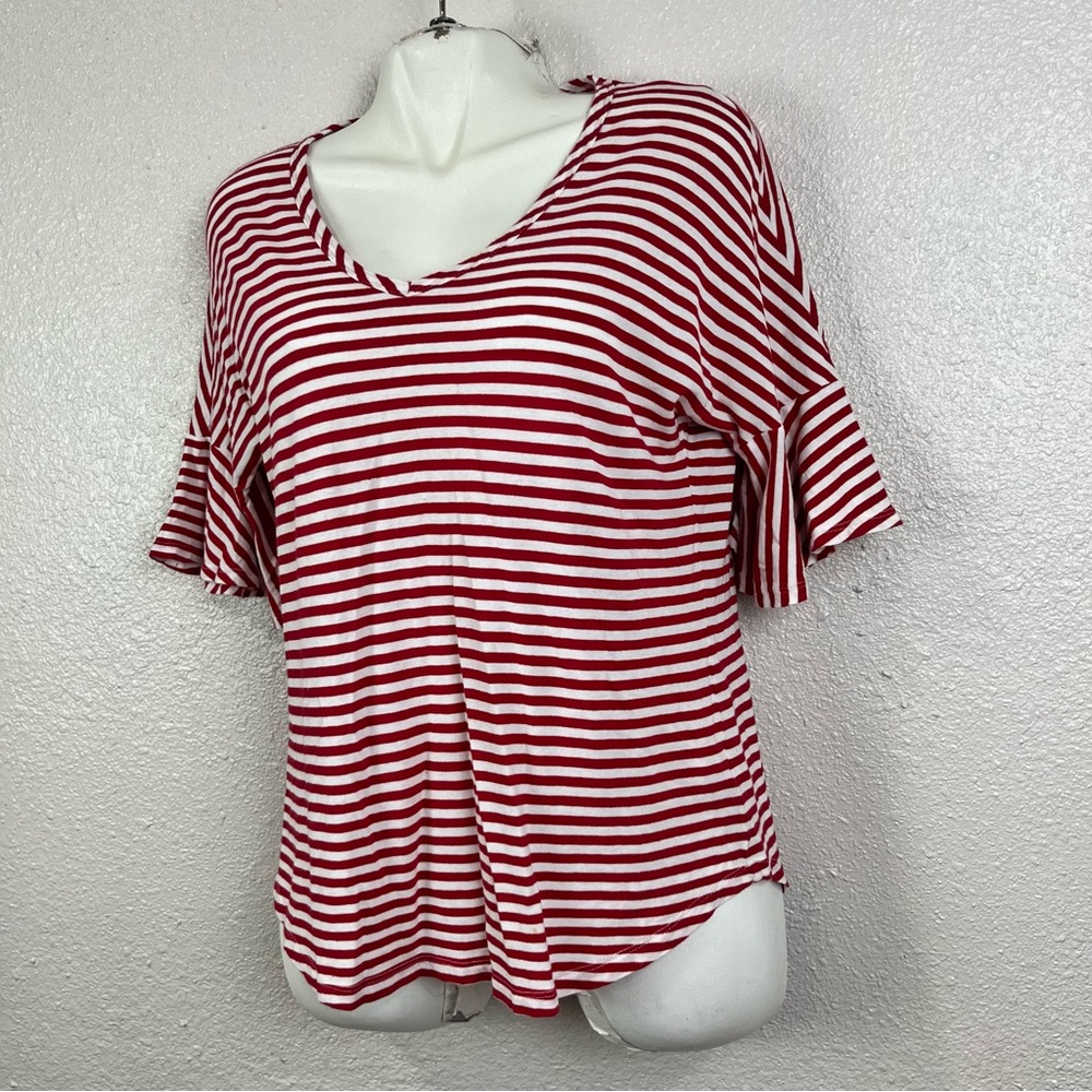 CAbi Women Small Bell 3/4 Sleeve V-neck Comfort Red‎ White Striped Blouse Top - Picture 2 of 13